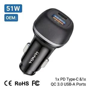 OEM Factory Supply Car USB Charger 51W PD QC3.0 Dual Port Fast Charging Car Charger for Smart Phone