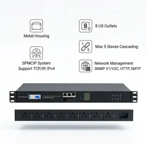 OEM New 19″ 1U 8 Way Power Distribution Unit American Smart Switched PDU with IP485 Meter SPMCIP Control Metal Shell RS485/HTTP