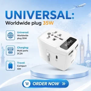 OEM/ODM 35W PD QC3.0 Type-C Universal Travel Plug Adapter 2USB-C+2USB-A Ports for Mobile Phones Earphone UK Plug
