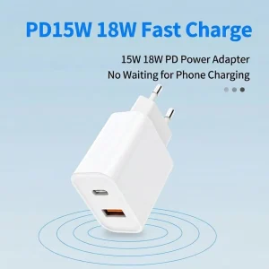 OEM ODM EU/US/UK Plug 15W/18W QC3.0 PD Dual Ports USB-A Type-C Fast Charging Power Adapter for Mobile Phones