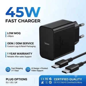 OEM ODM Factory PPS 45W Charger with 5A Fast 100W Cable Single Type C Power Adapter