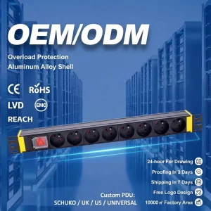 OEM Service 19″ 1U 8 Ways Power Distribution Unit Strip French Server Rack PDU With Overload Surge Protection CE RoHS