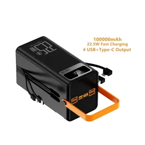 Outdoor High Capacity Power Bank 100000mAh Built-in 2 Cables LED Light Multi Port PD 22.5W Fast Charging USB-C Output