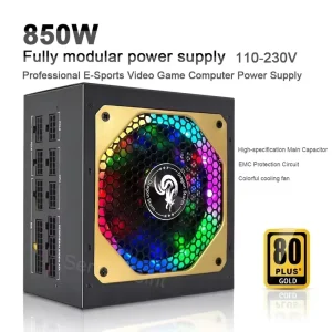 PC Power Supply 20+4Pin 12V ATX 850W Professional E Sports Video Game Computer Power Supply 80+ Gold RGB Full Modular 12cm Fan