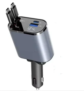 PD 100W 4-Port USB-C Hub Car Charger with Retractable Cable, LED Display and OTP Protection for Laptop Use