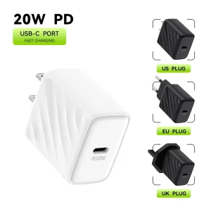 PD 20W GaN Type C Fast Charger for Laptop and Electric Devices Universal Travel Adapter with US EU UK Wall Plug White Black Shell
