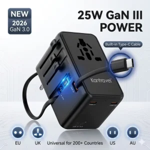 PD 25W GaN Universal International Converter Portable USB C Charger Socket EU UK US AU Travel Adapter Plug Built in Type C Cable