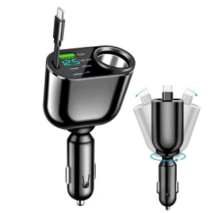 PD 30W USB C Car Charger Adapter with Voltage Display Retractable Cable Super Fast Charge