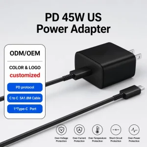 PD 45W Type C US Power Adapter Short Circuit Protection Fast Charging Wall Charger with C to C 5A 1.8M Cable for Android