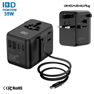 PD PPS 35W Universal Travel Adapter with 5 USB-C Ports and Retractable Cable, US EU AU UK Plugs