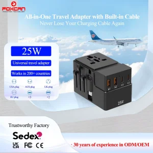 PD25W 6 in 1 Universal Travel Plug Adapter Type C 10A Rated 2 USB 25W Electrical Multi Socket Universal Travel Power Adapter