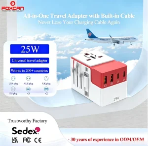 PD25W Travel Adapter with Retractable Cable, 2C2A Output Ports, 10A Rated Current, Universal Adapter