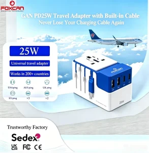 PD25W Travel Adapter with Retractable Cable 2C2A Output Ports 10A Rated Current Universal Adapter