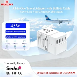 PD45W 2400W Travel Adapter with QC3.0 2 USB-A + 3 USB-C Ports Retractable USB-C Cable Universal for Earphones & Devices