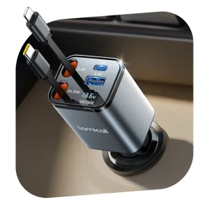 PT 41 Retractable Car Charger 4 in 1 Fast Charging Adapter USB C Cord Cigarette Lighter Splitter Socket Plug Station