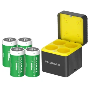 PUJIMAX High Capacity D Size Rechargeable Cylindrical Lithium Ion Battery 1.5v 4-Pack D Cell Battery Charger for Camera Use