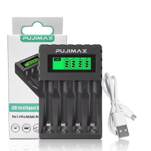 PUJIMAX LCD Display 4-Slot Portable Battery Charger for AA/AAA Ni-MH/Ni-CD Rechargeable Batteries 1.2V Output Micro USB Type-C