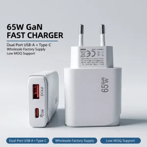 Phone Charger Fast 65W GaN EU Plug Dual USB-A Type-C PD3.0 QC4.0 Portable Fast Wall Charger for Laptop Phone