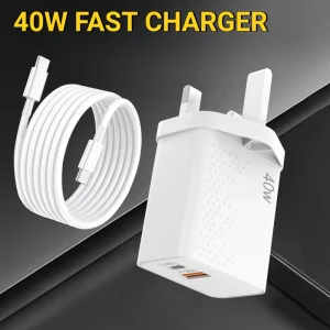Phone Charger Set 40W PD 2 in 1 Fast Charger USB Type C Dual Port EU UK Power Supply Adapter with USB C Data Cable