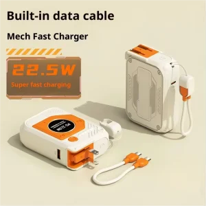 Plastic High Capacity 10000mAh Power Bank with Built-in Cable & AC Plug Fast Charging Portable Charger Type-C Output