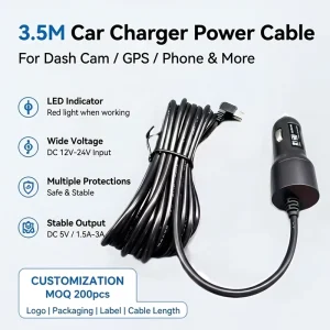 Plug and Play Car Adapter Charger 12V 24V to 5V 2.5A Red LED Indicator Cigarette Lighter Cord 3.5M Dash Cam Power Cable OEM