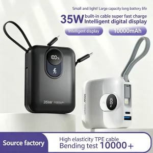 Portable 10000mAh Power Bank with 22.5W Super Fast Charging, 2 Built-in Cables, Lightweight and Slim Design