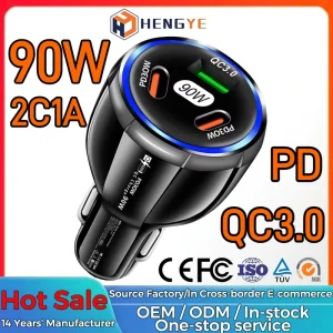 Portable 12V Car Cigarette Lighter Charger PD Type C 90W Smart Fast USB-C Car Charger Power Adapter for Mobile Phone