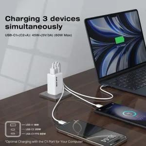 Portable 65W GaN Charger, 3-Device Type-C USB-A Fast Charging Adapter