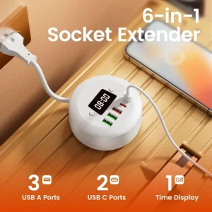 Portable Desktop USB Power Strips Wall Charger with Cord clock Function Laptop Phone Charger Adapter Sockets for Office Travel