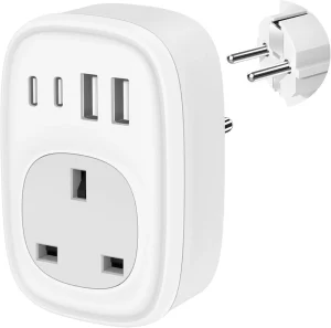 Portable EU/UK Travel Plug Adapter with 4 USB Ports and Overvoltage Protection