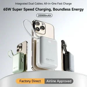 Portable Large Capacity 20000mAh Power Bank with 65W Super Fast Charging Built-in Cables Lightweight and Slim Design
