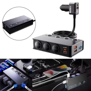 Power Adapter Car Charger Road Trip 3-Socket 180W 12V Cable