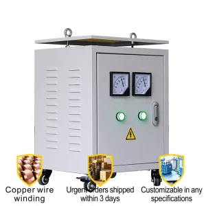 Power Moveable 3 Phase Dry Transformer Low Voltage Copper Winding Silicon Steel Core Durable Enclosure LCD Voltmeter Safety