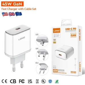 Q1415 45W Fast Charger GaN Charger PD3.0 PPS Retractable Cable US/UK/EU Plug Fireproof Protection Portable Charger