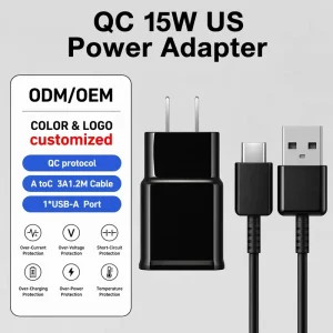 QC 15W USB-A US Wall Charger with 1.2M 3A A-to-C Cable and Voltage Regulation Chip