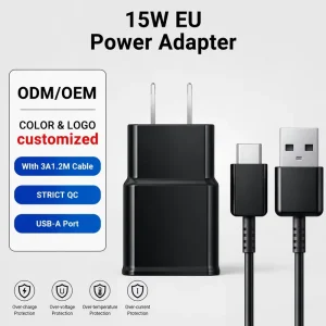 QC 15W USB-C Wall Charger with 1.2M 3A A-to-C Data Cable and Overvoltage Protection
