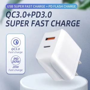 QC3.0 PD 20W USB-C/USB-A Dual-Port Wall Adapter for Laptops and Mobile Phones