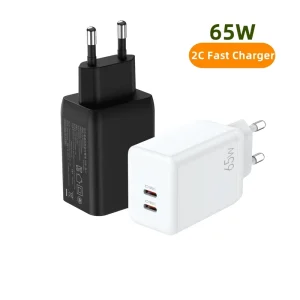 ROHS CE ANATEL 65W GaN Tech PD Brazil Standard Travel Adapter 2 USB C Ports Fast Wall Charger for Smartphone