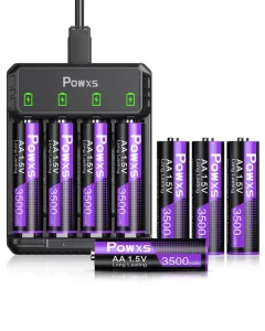 Rechargeable Lithium-Ion AA 8-Pack 1.5V Batteries 3500mWh USB-C 1600-Cycle Fast Charger Set for Camera and Video
