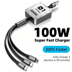 Retractable Telescopic 3 in 1 100W 3A Fast Charging Quick Charge USB Type C Data Cable for Mobile Phone Computer and Power Bank