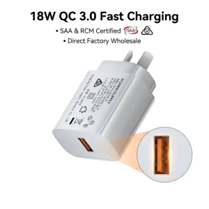 SAA RCM Approved 18W QC3.0 Fast Charging Power Adapter Factory AU Plug USB Wall Charger for Smartphones and Tablets
