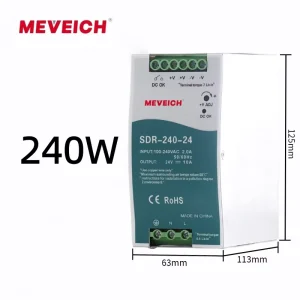SDR-240-24 240W Din Rail Switching Power Supply Industrial Use AC to DC 100-240VAC Input 24V Output with 10A Current