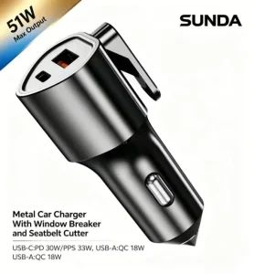 SUNDA 51W Aluminum Alloy Car Charger PD 30W QC 18W Dual Port Fast Charging with Window Breaker Seatbelt Cutter for Universal