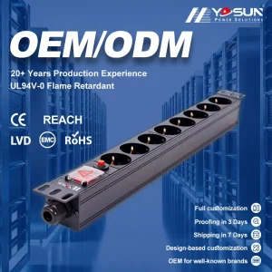 Schuko PDU 1U 19″ 8 Way Rack Mount Power Distribution Unit 2 Pole Switch 16A Overload Protection CE ROHS