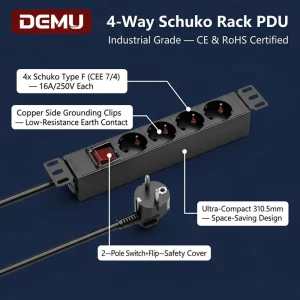 Server Cabinet PDU 1U 4 Outlet Schuko Type F Double Pole Switch T5 Aluminum Alloy CE RoHS