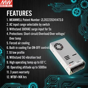 Single Output AC DC Switching Power Supply LRS 600 48 600W 48V 12.5A 3-Year Warranty 92% Efficiency 90-264VAC Input