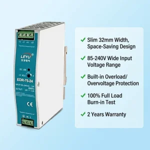 Slim 75W 24V 3.2A Single Output DIN Rail Mount Power Supply EDR-75 85-264V AC Input SMPS for PLC Automation Control System
