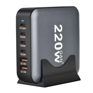 Smart 6 Port Desktop 200W 220W PD GaN Charger Fast Charging Travel AC Adapter 48V