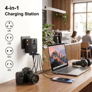 Socket Adaptor All in One Compact World Travel Adapter UK to US Mini Slim 35W PD 4-in-1 Plug Adaptor with 3 USB-C Ports