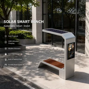 Solar Smart Bench with USB WiFi Charger Stainless Steel Modern Design for Outdoor Use in Park & Gym